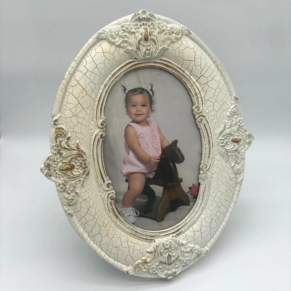Vintage Shabby Chic Ornate Oval Picture Frame Distressed Crackle Baroque White